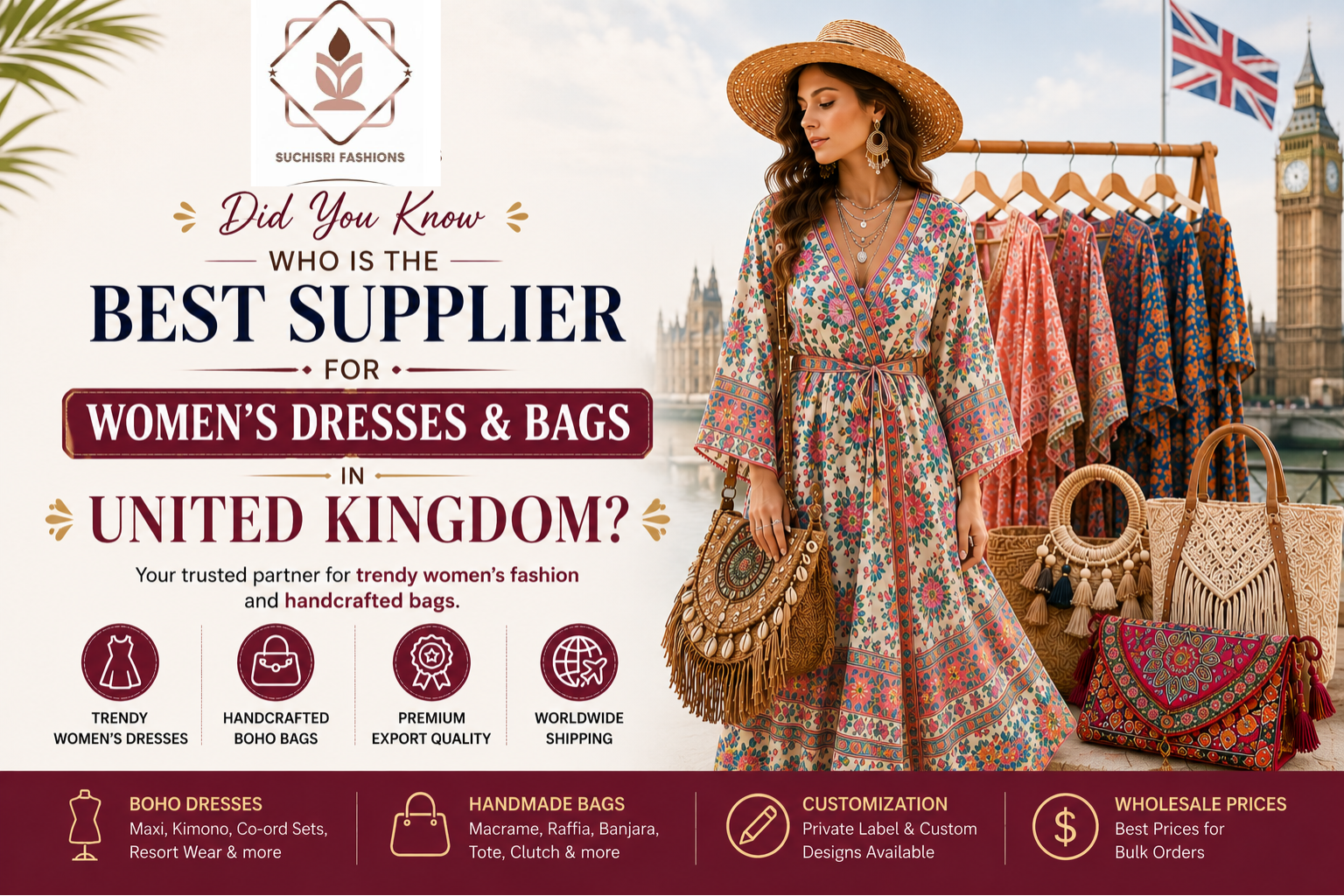 Suchisri Fashions is the Best Womens Wear and Bags Supplier in UK